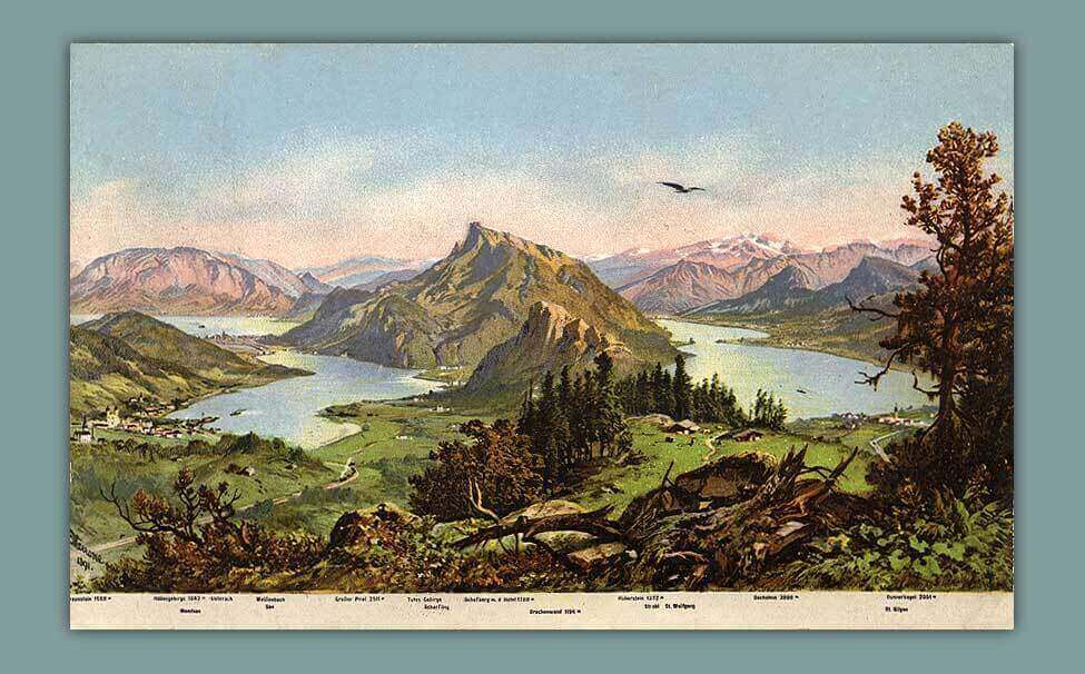 Mondsse Wolfgangsee aus der VogelschauAlpenlandschaft mit Bergen, Seen und Wäldern in einer historischen Illustration. Panoramablick auf malerische Natur.