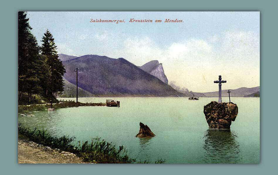 002_Salzkammergut.-Kreuzstein-am-Mondsee-1912.-F.-E.-Brandt-in-Gmunden.Photochromiekarte-No.-1128