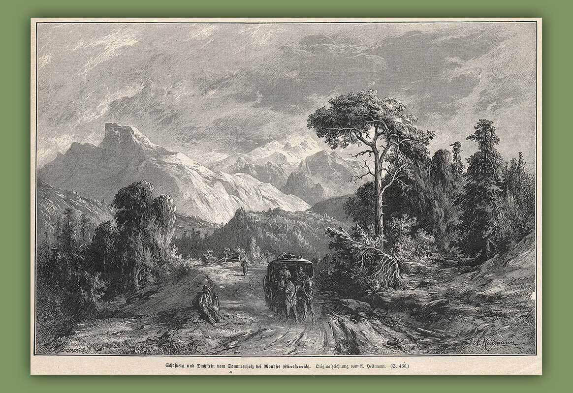 Schafberg-und-Dachstein-vom-Sommerholz-bei-Mondsee-Oberoesterreich.-Originalzeichnung-von-A.-Heilmann.-S.-466.-