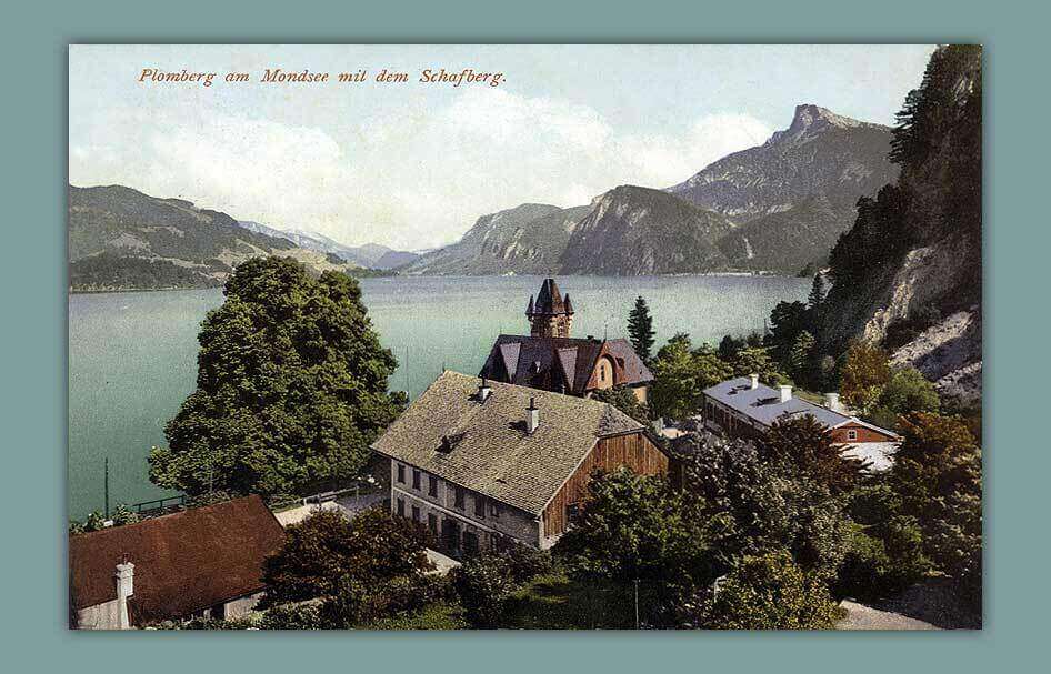 003_Plomberger-am-Mondsee-mit-dem-Schafberg-1910-F.-E.-Brandt-in-Gmunden-Photochromiekarte-No.-222