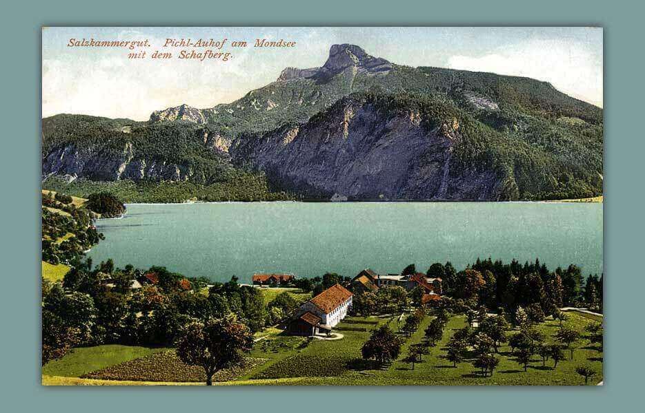 004_Salzkammergut.-Pichl-Auhof-am-Mondsee-mit-dem-Schafberg-1911-F.-E.-Brandt-in-Gmunden.-Photochromiekarte-No.-196