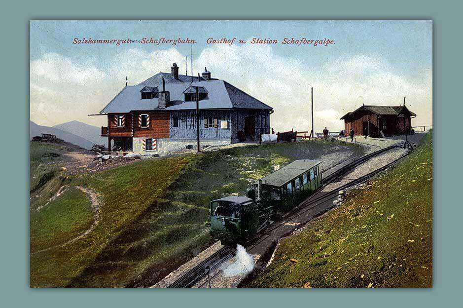 011_Salzkammergut-Schafbergbahn.-Gasthof-u.-Station-Schafbergalpe.-1910-F.-E.-Brandt-in-Gmunden.-Photochromiekarte-Nr.-956