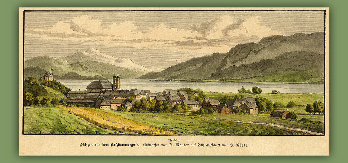 Mondsee &#8211; Skizzen aus dem Salzkammergut. Entworfen von F.Menter und-auf-Holz-gezeichnet von H.Nisle &#8211; orig.Holzstich aus einer Zeitschrift