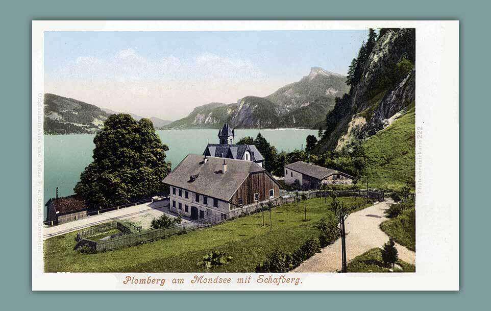 014_Plomberger-am-Mondsee-mit-Schafberg.-Originalaufnahme-und-Verlag-F.-E.-Brandt-Gmunden.-Photochoromiekarte-222._