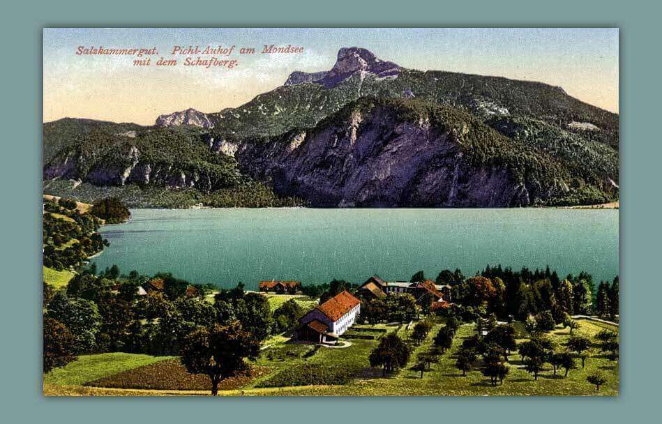 016_Salzkammergut.-Pichl-Auhof-am-Mondsee-mit-dem-Schafberg-1911-F.-E.-Brandt-in-Gmunden-Photochromiekarte.-Nr.-196