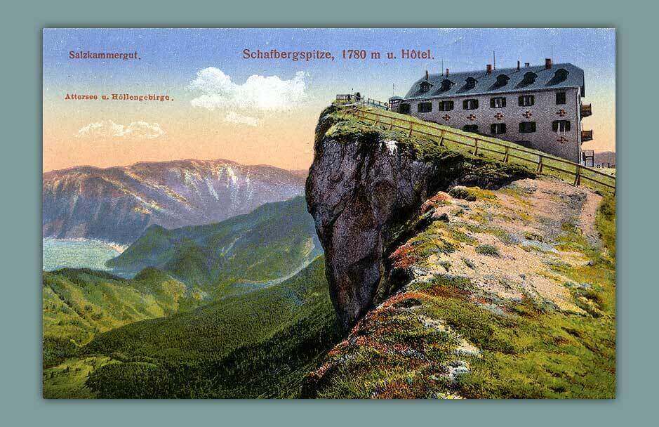 020_Salzkammergut.-Schafbergspitze-1780-m-u.-Hotel.-Attersee-u.-Hoellengebirge-1911-F.-E.-Brandt-Gmunden.-Nr.-1029-c