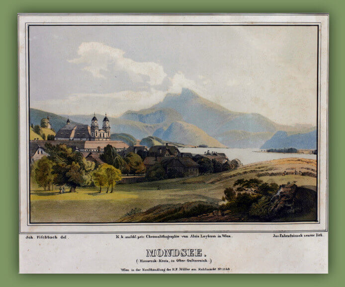 Mondsee Johann Fischbach (1797-1871) Original Chromlithographie aus Franz Karl Weidmann Das pittoreske_Oesterreich-