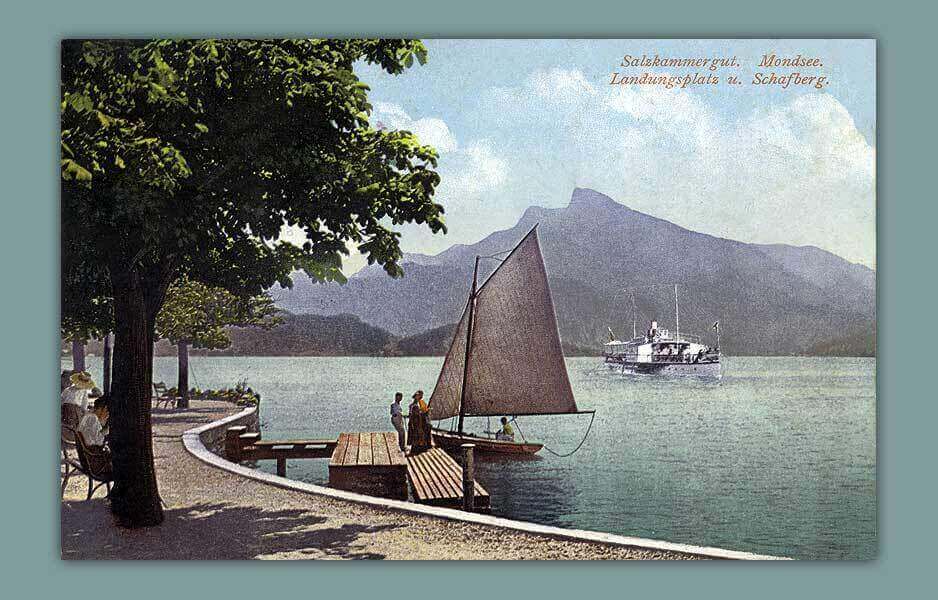 025_Salzkammergut.-Mondsee.-Landungsplatz-u.-Schafberg.1911-F.E.Brandt-in-Gmunden-Photochromkarte-No.-1027