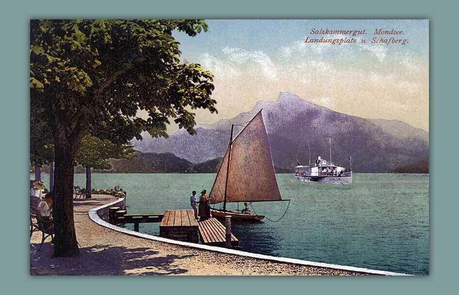 028_Salzkammergut.-Mondsee.-Landungsplatz-u.-Schafberg._-_1911.-F.E.Brandt-in-Gmunden-Photochromiekarte-No.-1027