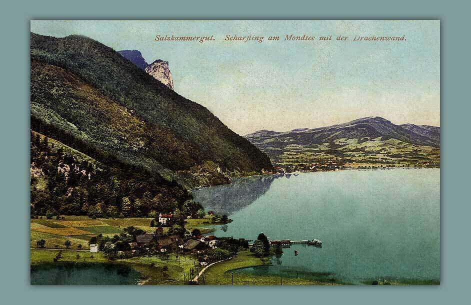 032_Salzkammergut.-Scharfling-am-Mondsee-mit-der-Drachenwand-1912-F.-E.-Brandt-in-Gmunden.-Photochromiekarte-No.1127