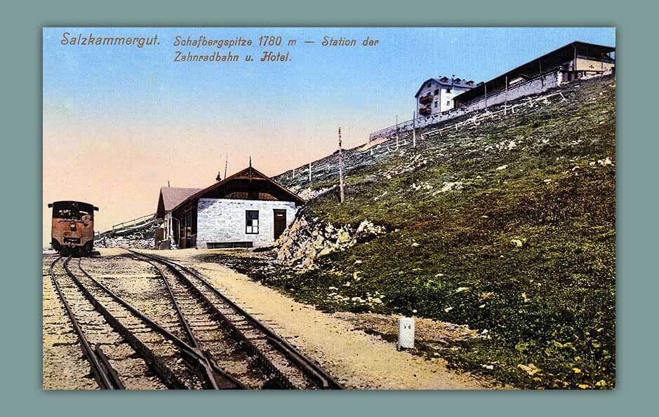 037_Salzkammergut.-Schafbergspitze-1780-m-Station-der-Zahnradbahn-u.-Hotel-Photochrom-F.-Morawetz-Salzburg.-Nr.-103