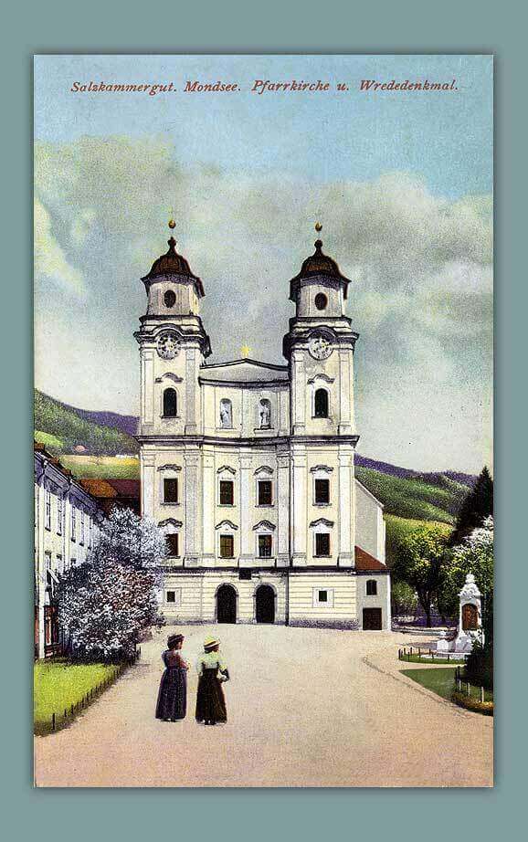 055_Salzkammergut.-Mondsee.-Pfarrkirche-u.-Wrededenkmal_-_1914.-F.E.-Brandt-in-Gmunden-Photochromiemarte-No.-1314