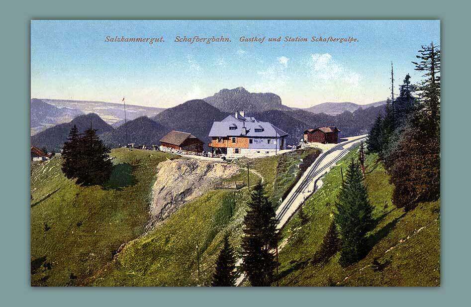 057_Salzkammergut.-Schafbergbahn.-Gasthof-und-Station-Schafbergalpe-1910-F.-E.-Brandt-in-Gmunden.-Photochromiekarte-No.-957