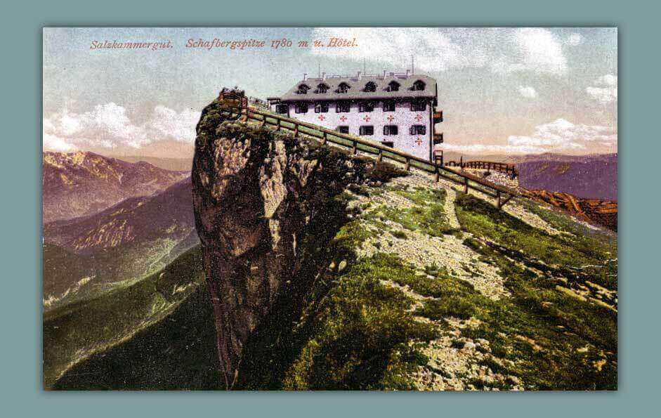 058_Salzkammergut.-Schafbergspitze-1780-m-u.-Hotel-1907.-Fr.-Ernst-Brandt-Gmunden.-Photochromiekarte.-Nr.-880