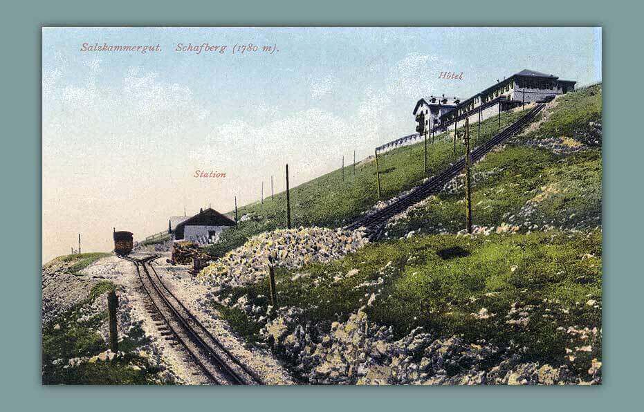 064_Salzkammergut.-Schafberg-1780-m.___Station___Hotel-1913.-F.-E.-Brandt-in-Gmunden.-Photochromiekarte-No.-156