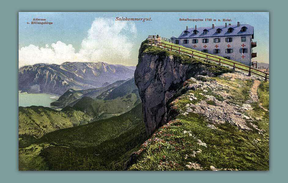 072_Salzkammergut.-Schafbergspitz-1780-m-u.-Hotel.-Attersee-u.-Hoellengebirge-1911-F.-E.-Brandt-in-Gmunden.-Photochromiekarte-No.-1029