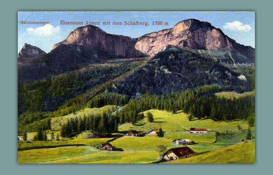 101_Salzkammergut.-Eisenauer-Almen-mit-dem-Schafberg.-1780-m-1908-F.-E.-Brandt-Gmunden.-Nr.-384-c-