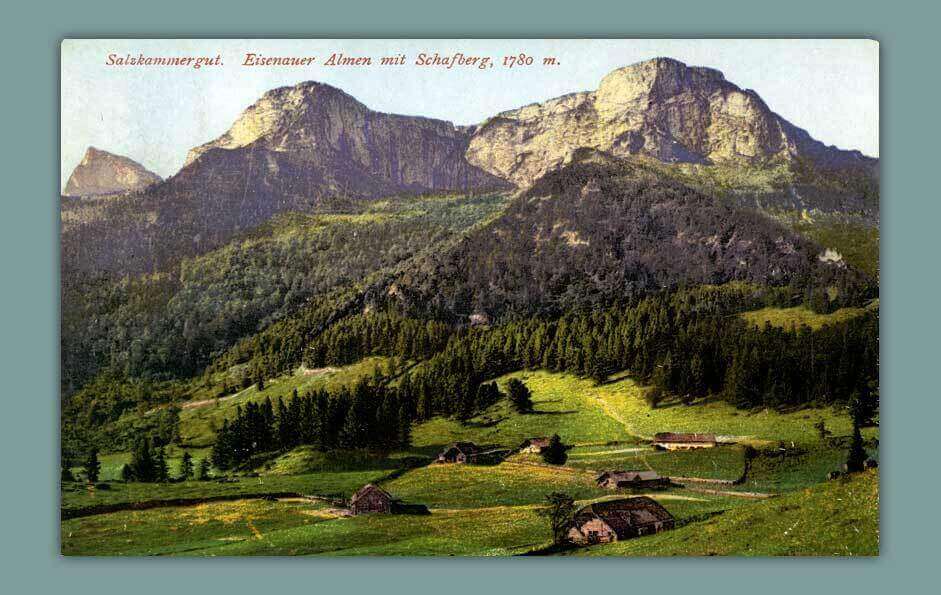 103_Salzkammergut.-Eisenauer-Almen-mit-Schafberg-1780-m.-1918-F.-E.-Brandt-in-Gmunden.-Photochromiekarte-Nr.-384