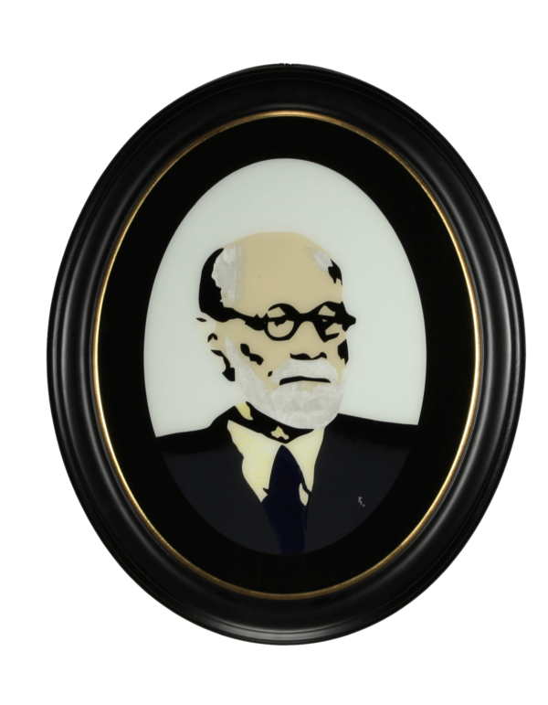 Sigmund Freud Portrait im Rahmen in Schwarz-Weiß-Stil.
