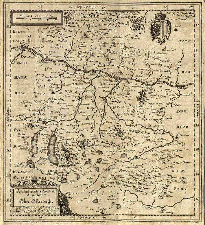 Antike Karte von Oberösterreich, zeigt Städte, Flüsse und geografische Merkmale der Region. Ideal für historische Studien.