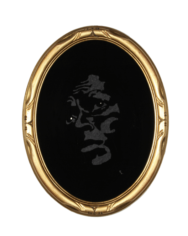 Ovaler goldener Rahmen mit einem geheimnisvollen, dunklen Portrait auf schwarzem Hintergrund.