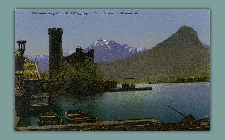 Salzkammergut.-St.-Wolfgang.-Leuchtturm.-Mondnacht.