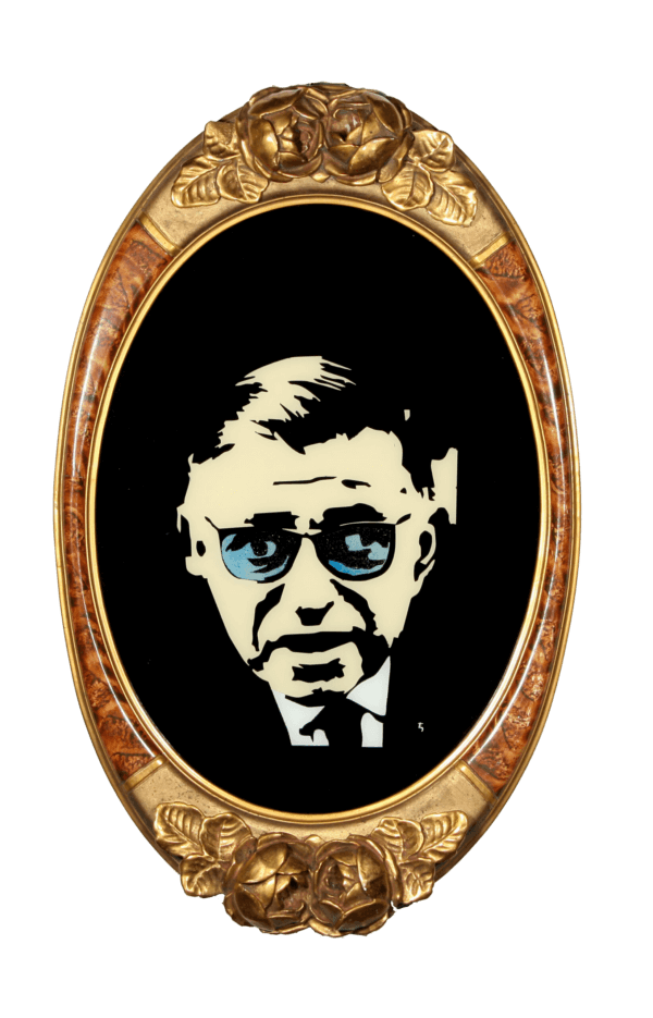 Ovales Portrait von Mann mit Sonnenbrille im dekorativen Rahmen, schwarz-weißer Stil.