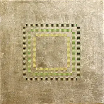 Abstrakte Kunst mit geometrischem Quadrat, grün-goldene Farbtöne, moderne Textur auf Leinwand.