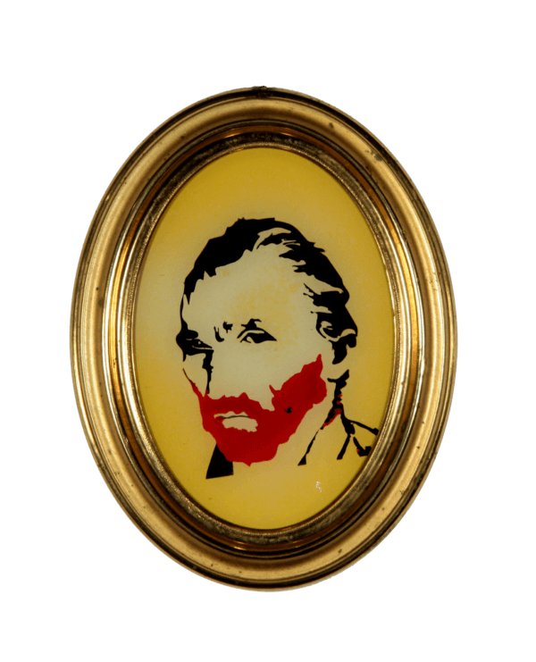 Porträt eines Mannes mit rotem Bart in einem ovalen goldenen Rahmen auf gelbem Hintergrund.