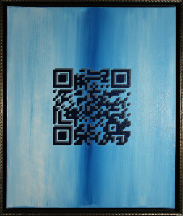 QR-Code auf blaugemaltem Hintergrund, umrahmt. Moderner Kunststil, digitale Interaktion.