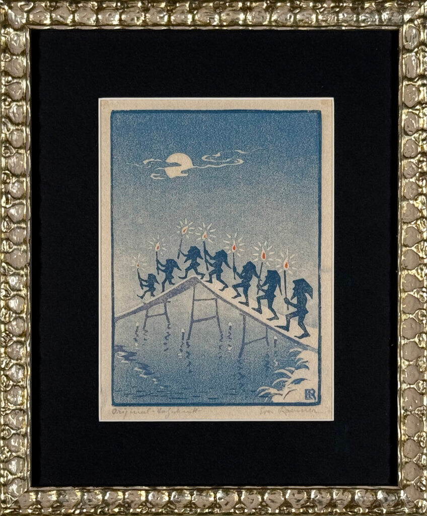 Japanische Kunst: Silhouetten auf Brücke bei Vollmond, traditionelle Szene mit Fackeln, gerahmte Illustration.