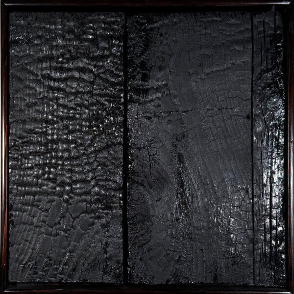 Verbrannte Holzstruktur mit feinen Rissen, schwarzer Textur. Wandkunst oder Hintergrunddesign.