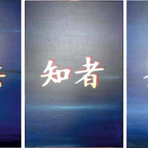 Chinesische Schriftzeichen auf blauem Hintergrund in dreiteiligem Bild: Angebot, Kenner, Wertschätzung.