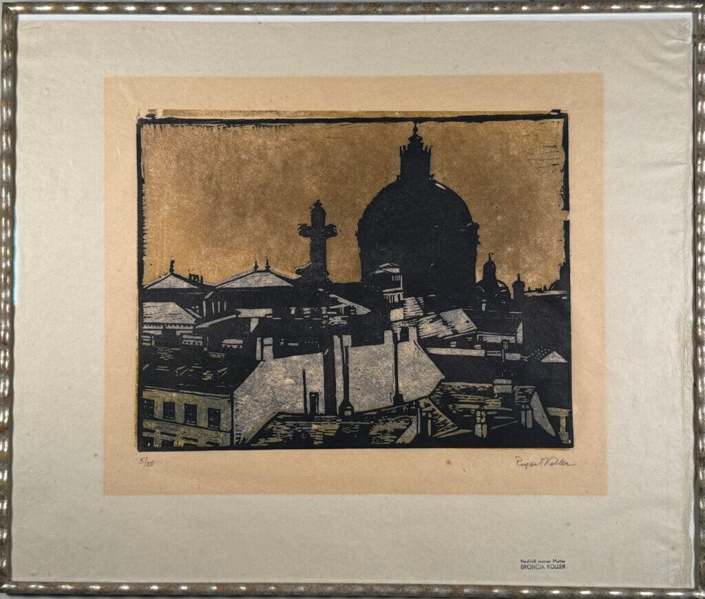 Schwarz-weiße Stadtansicht mit großer Kuppel im Hintergrund, goldener Himmel, künstlerischer Holzschnitt, gerahmt.