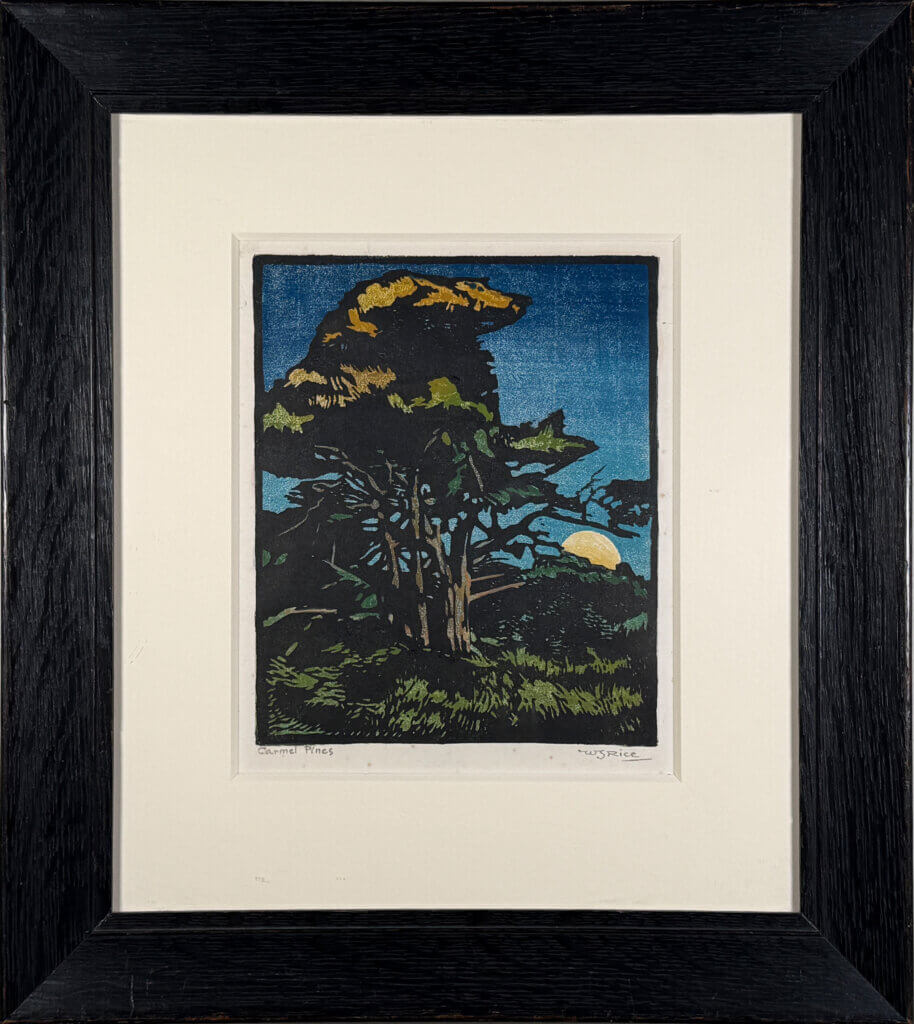 Holzdruck von Bäumen bei Mondaufgang, eingerahmt. Düstere Waldszene mit blauem Himmel und gelbem Mond im Hintergrund.
