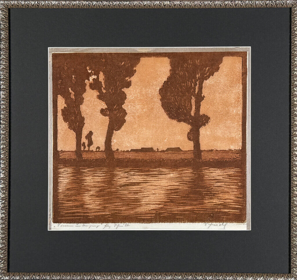Holzschnitt Scheidl Leopold Sonnenuntergang Gerahmtes Bild einer Landschaft mit Bäumen und Gewässer in sepia Tönen, reflektiert ruhige Naturstimmung.